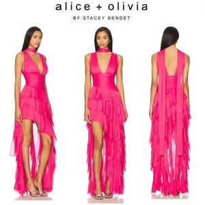 Alice + Olivia Holly Asymmetric Chiffon Maxi Dress Dark Pink Sz 2 NWT